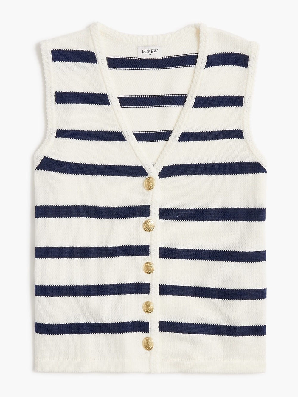 J. CREW Striped Knit V-Neck Sweater Vest Nautical Gold Crest Buttons Size M